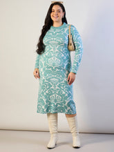 Blue Printed Acrylic Wool High Neck Midi Dress SASSAFRAS CURVE